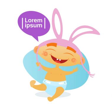 Şirin bebek çocuk giyen tavşan kulakları yürümeye başlayan çocuk mutlu karikatür bebek bezi içinde