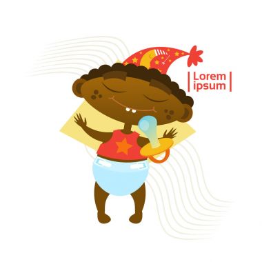 Afro-Amerikan yürümeye başlayan çocuk çizgi film bebek bezi içinde uyuyan sevimli bebek