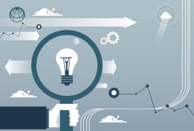 İş adam elini tut ampul yeni fikir kavramı olan büyüteç