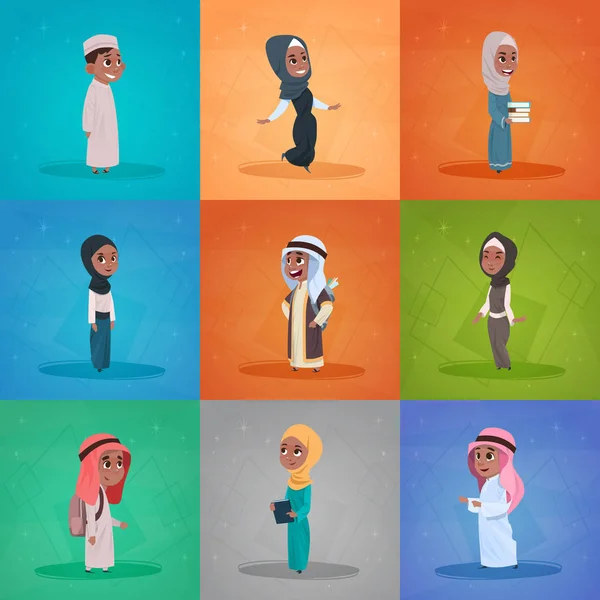 Emiraty dzieci dziewcząt i chłopców zestaw małych kreskówki uczniów kolekcji studentów muzułmańskich — Wektor stockowy