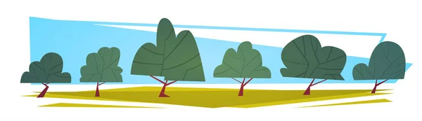 Summer Landscape Green Trees Cartoon Horizontal Banner - Stok Vektor