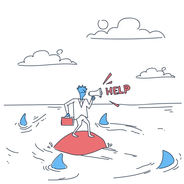 Hombre de negocios en la isla en agua de mar con tiburones alrededor pidiendo ayuda concepto crisis financiera — Vector de stock