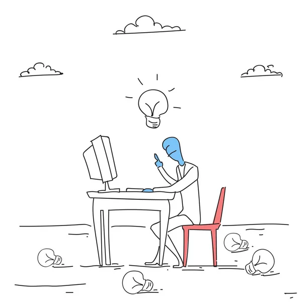 Homme d'affaires travaillant sur ordinateur avec ampoule Nouvelle idée pour le concept de démarrage — Image vectorielle