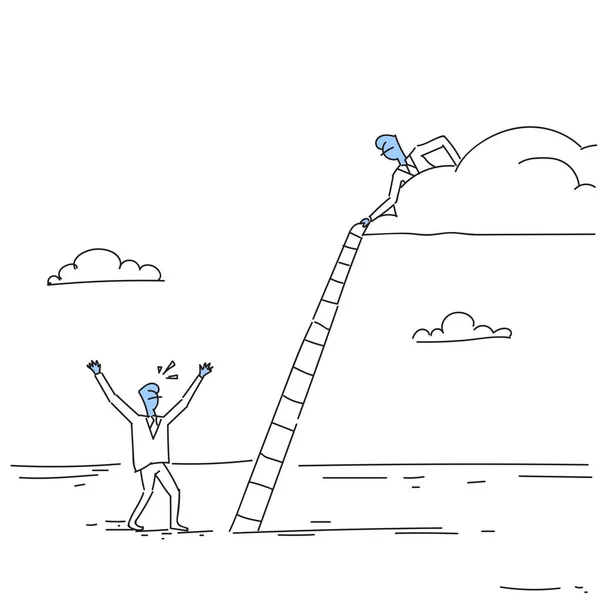 Empresario en la nube sostiene escaleras para subir por el equipo Concepto de cooperación Doodle — Vector de stock
