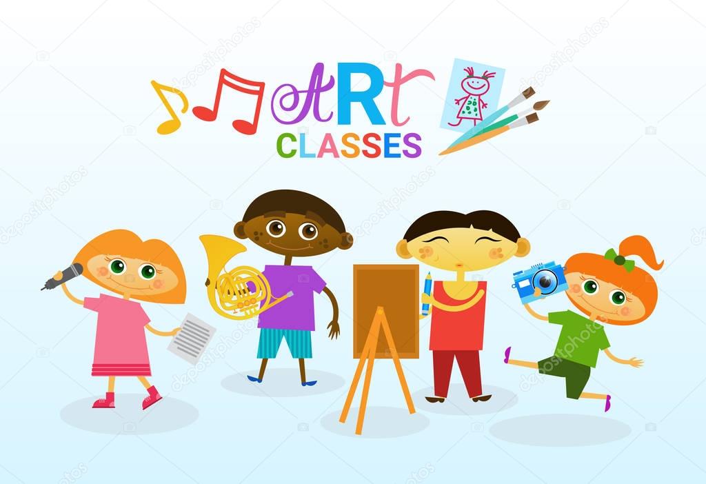 Art Classes For Kids Logo Creative Artistic School For Children Banner Flat Vector Illustration