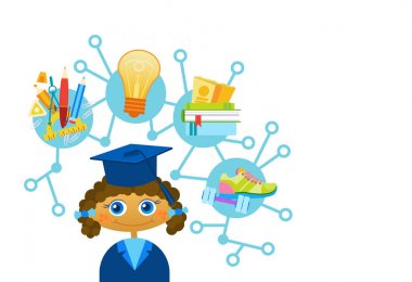 Şirin Liitle kız Weating mezuniyet kap ve elbise mutlu çizgi film çocuk bilim adamı