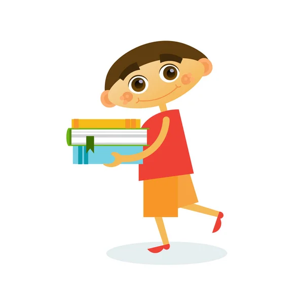 Liten pojke promenad Holding trave böcker läser söta unge — Stock vektor