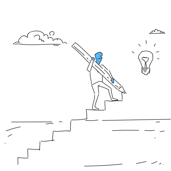 Business Man Walking On Stairs Up To Light Bulb New Idea for Startup Concept — стоковый вектор