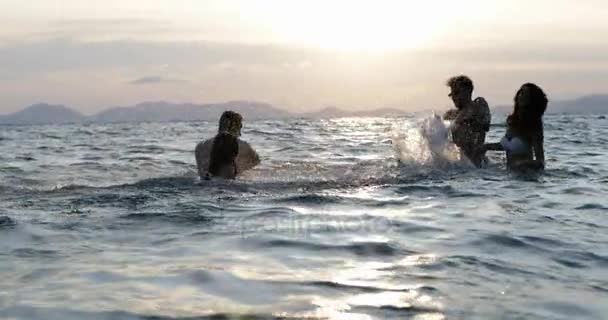 Группа веселых людей в море Всплеск, молодая группа друзей развлекаясь во время отпуска на пляже — стоковое видео