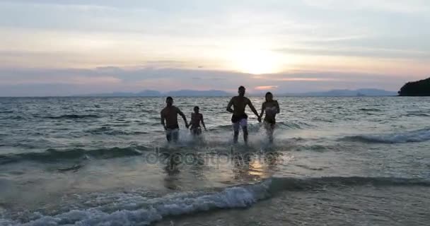 Grupo alegre de pessoas que correm do mar segurando as mãos, amigos felizes juntos na praia ao pôr do sol — Vídeo de Stock