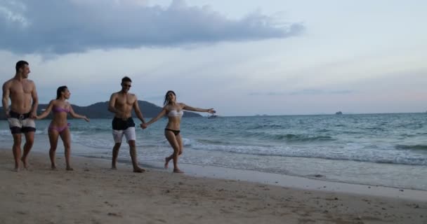 İki çift erkek ve kadınların birlikte sahil turistler iletişim üzerinde konuşurken, neşeli gün batımında sahilde yürüyüş — Stok video