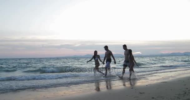 Två lyckliga par promenader på stranden håller händerna vid solnedgången, unga turister kommunikation på sommaren havet semester — Stockvideo