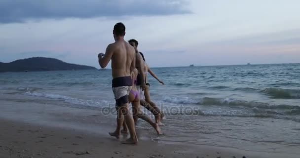 Zwei gemischte Rennpaare, die bei Sonnenuntergang am Strand spazieren gehen und sich unterhalten, Touristengruppen, junge glückliche Männer und Frauen zusammen am Meer — Stockvideo