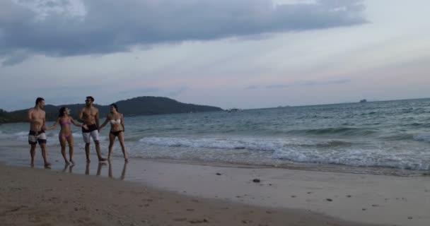 Dos Parejas Caminando En Playa Al Atardecer Hablando, Hombres Alegre Y Mujeres Juntos En Mar Turistas Comunicación — Vídeo de stock