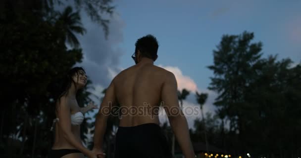 Молодая пара прогуливается по пляжу в сумерках, держа за руки задний вид туристов мужчина и женщина вместе на берегу моря — стоковое видео