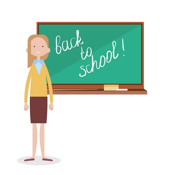 女教師白い背景に黒板の前に立って、学校に戻る — ストックベクタ