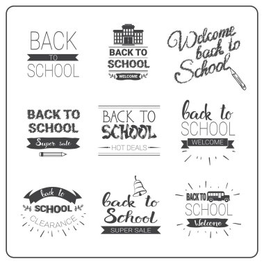 Geri okul logoları Set Doodle elle çizilmiş etiket koleksiyonu için