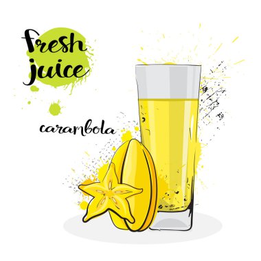 Carambola suyu taze elle çizilmiş suluboya meyve ve beyaz arka plan üzerinde cam