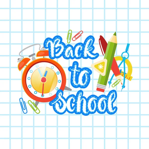 Texto del logotipo de regreso a la escuela en el fondo del cuaderno con suministros de relleno — Archivo Imágenes Vectoriales