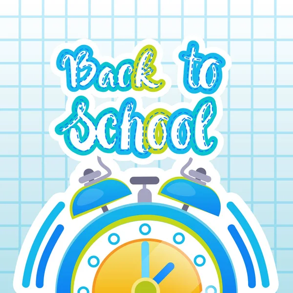 Zpátky do školy Logo hodiny na pozadí poznámkového bloku — Stockový vektor
