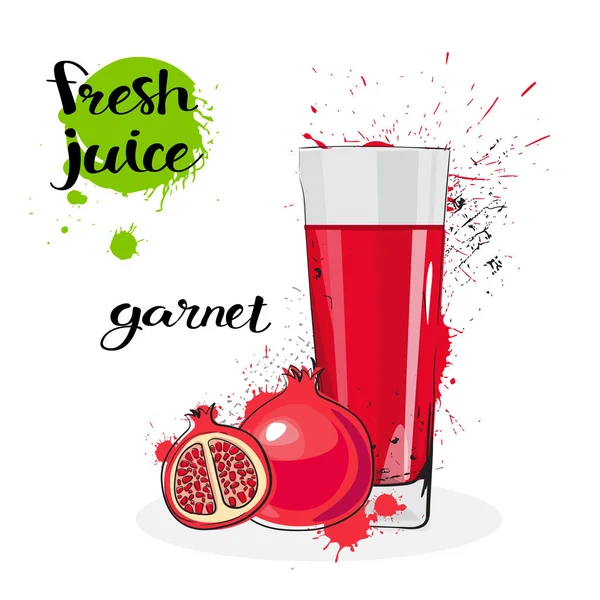 Granatsaft frisch von Hand gezeichnete Aquarellfrüchte und Glas auf weißem Hintergrund — Stockvektor