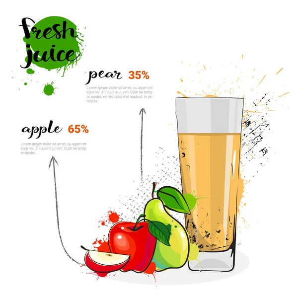Coctel de mezcla de pera de manzana de jugo fresco dibujado a mano acuarela frutas y vidrio sobre fondo blanco — Archivo Imágenes Vectoriales