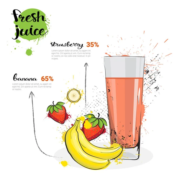 Coctel de mezcla de fresa de plátano de jugo fresco dibujado a mano acuarela frutas y vidrio sobre fondo blanco — Vector de stock