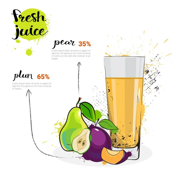 Cocktail de mélange de prune de poire de jus frais dessiné à la main aquarelle fruits et verre sur fond blanc — Image vectorielle