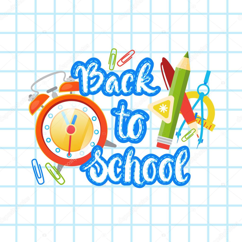 Back To School Logo Text On Notebook Background With Studing Supplies Flat Vector Illustration