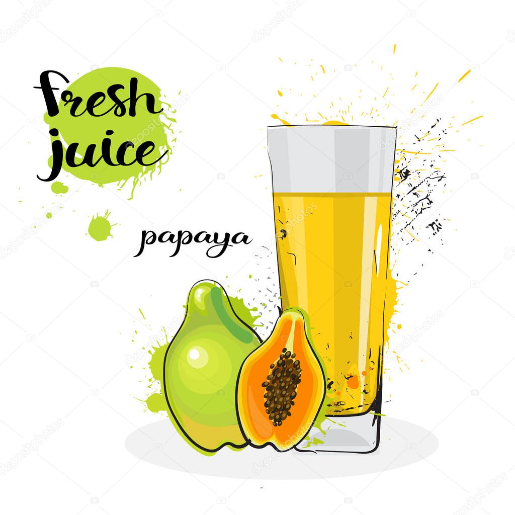 Papaya Juice Fresh Hand Drawn Watercolor Fruits And Glass On White Background Vector Illustration