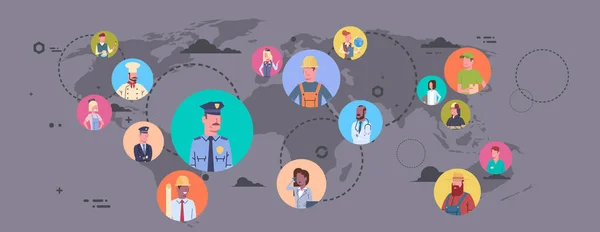 Les gens regroupent différentes professions sur la carte du monde Profession Connection — Image vectorielle
