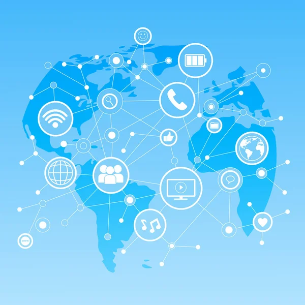 Icônes des médias sociaux sur la carte du monde Contexte Réseau Communication Connection Concept — Image vectorielle