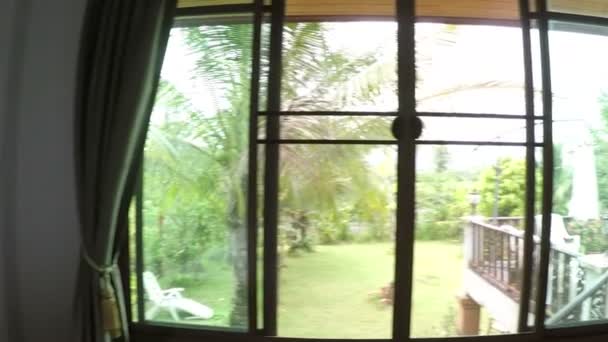 POV Of Man Waking Up In Morning Walking To Open Window Looking at Landscape Of Garden — Stok Video