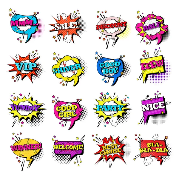 Coleção de ícones de texto de expressão de som de estilo pop art conjunto de bolhas de bate-papo de discurso cômico — Vetor de Stock