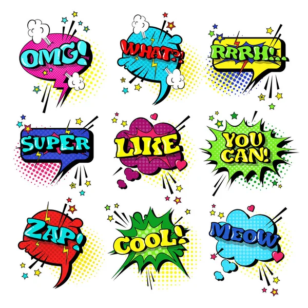 Comic Speech Chat Bubble Set Pop Art Style Sound Expression Text Icons Collection — Stock Vector