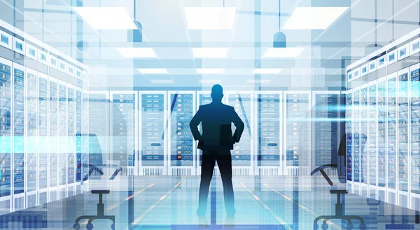 Silhouette Mann im Rechenzentrumsraum Hosting Server Computer Informationsdatenbank — Stockvektor