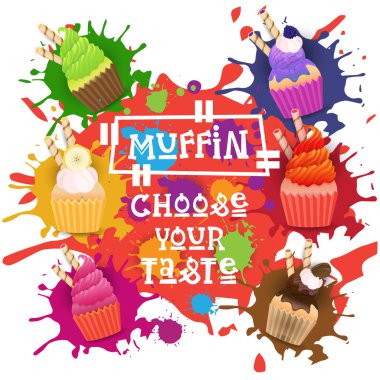 Muffins Set renkli tatlılar koleksiyonunu seçin, tat Cafe Poster