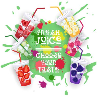 Taze meyve suyu Set renkli meyve içecekler koleksiyonunu seçin, tat Cafe Poster