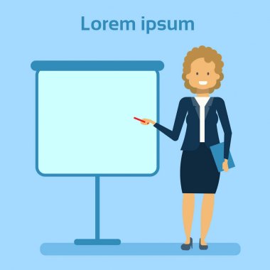 Bir kopya alanı, iş kadın tanıtım veya konferans kavramı gösterilen boş beyaz tahta için işaretleme işkadını