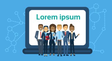 Kurumsal Finans Infographic iş takım tanıtımı veya konferans konsept dizüstü bilgisayar üzerinde çeşitli grup