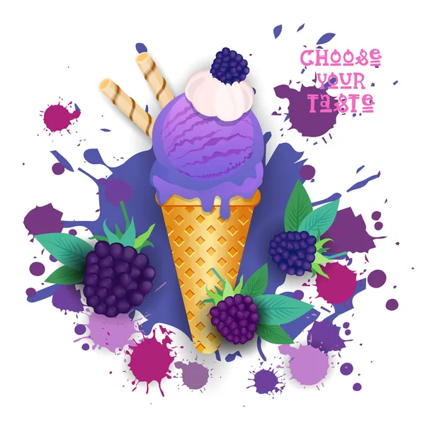 아이스크림 블랙베리 콘 다채로운 디저트 아이콘 선택 맛 카페 포스터 — 스톡 벡터