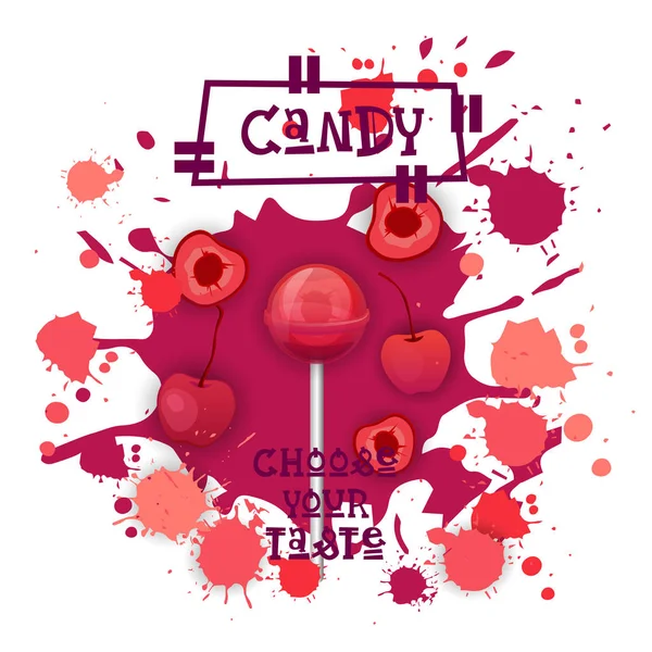 Candy Cherry Lolly Dessert färgglada ikon välja din smak Cafe affisch — Stock vektor