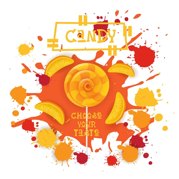Candy Peach Lolly Postres Icono colorido Elija su afiche de café de sabor — Vector de stock