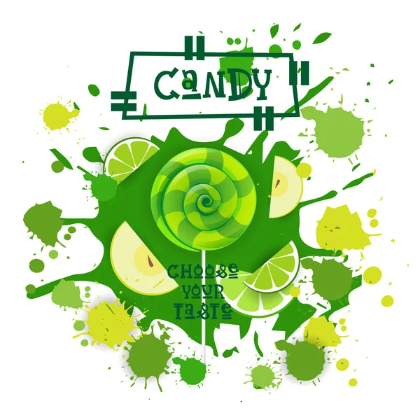 Candy Lime y Apple Lolly Postres ícono colorido Elija su afiche de café de sabor — Vector de stock