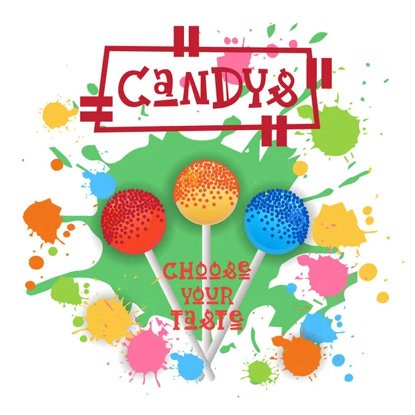 Candys Lolly Postres ícono colorido Elija su afiche de café sabor — Vector de stock