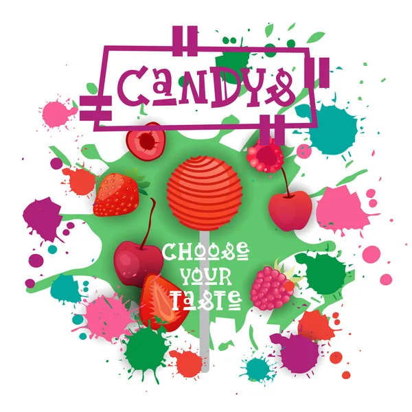 Candys Berry Lolly Postres Colorido icono Elija su sabor Café Poster — Vector de stock