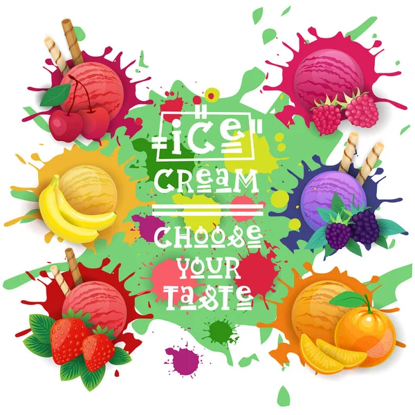 冰激淋球集的水果甜点集合选择你品味咖啡厅海报 — 图库矢量图片