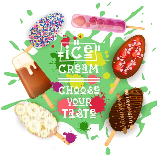 아이스크림 롤리 설정된 화려한 디저트 컬렉션 선택 맛 카페 포스터 — 스톡 벡터