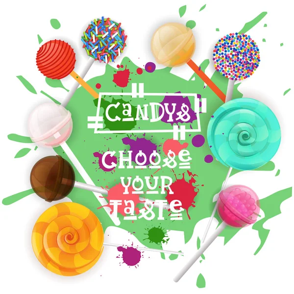 Candys Lolly Postres ícono colorido Elija su afiche de café sabor — Vector de stock