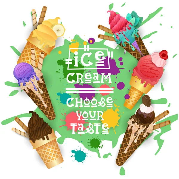 冰激淋锥套多彩甜点集合选择你品味咖啡厅海报 — 图库矢量图片
